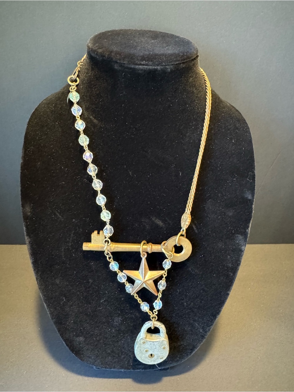 Gold-Tone/Brass Key, Star & Padlock Pendant Necklace with Crystal Beads 18”